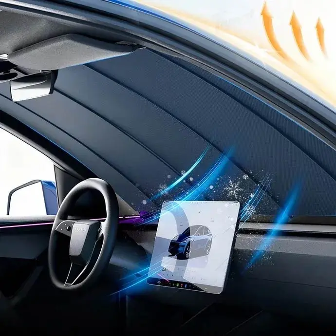 Fully Automatic Rollable Front Window Sun Shade - 1-Touch Retractable, Heat Insulation, Sun Protection, Car Accessories, Vehicle Exterior Accessory