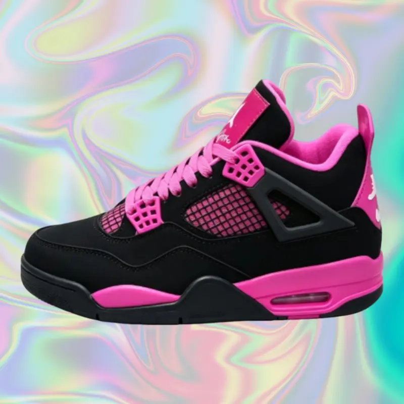 All Black Matte Nubuck Leather Mid Top Trainers, Hot Pink Hard Plastic Hardware, Pink Square Grid Mesh, Unisex Vintage Casual Street Sports Sneakers
