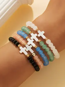 European and American Fashion Natural Shell Turquoise Cross Copper Bead Glass Bead Bracelet Set, Elastic Wristband for Women