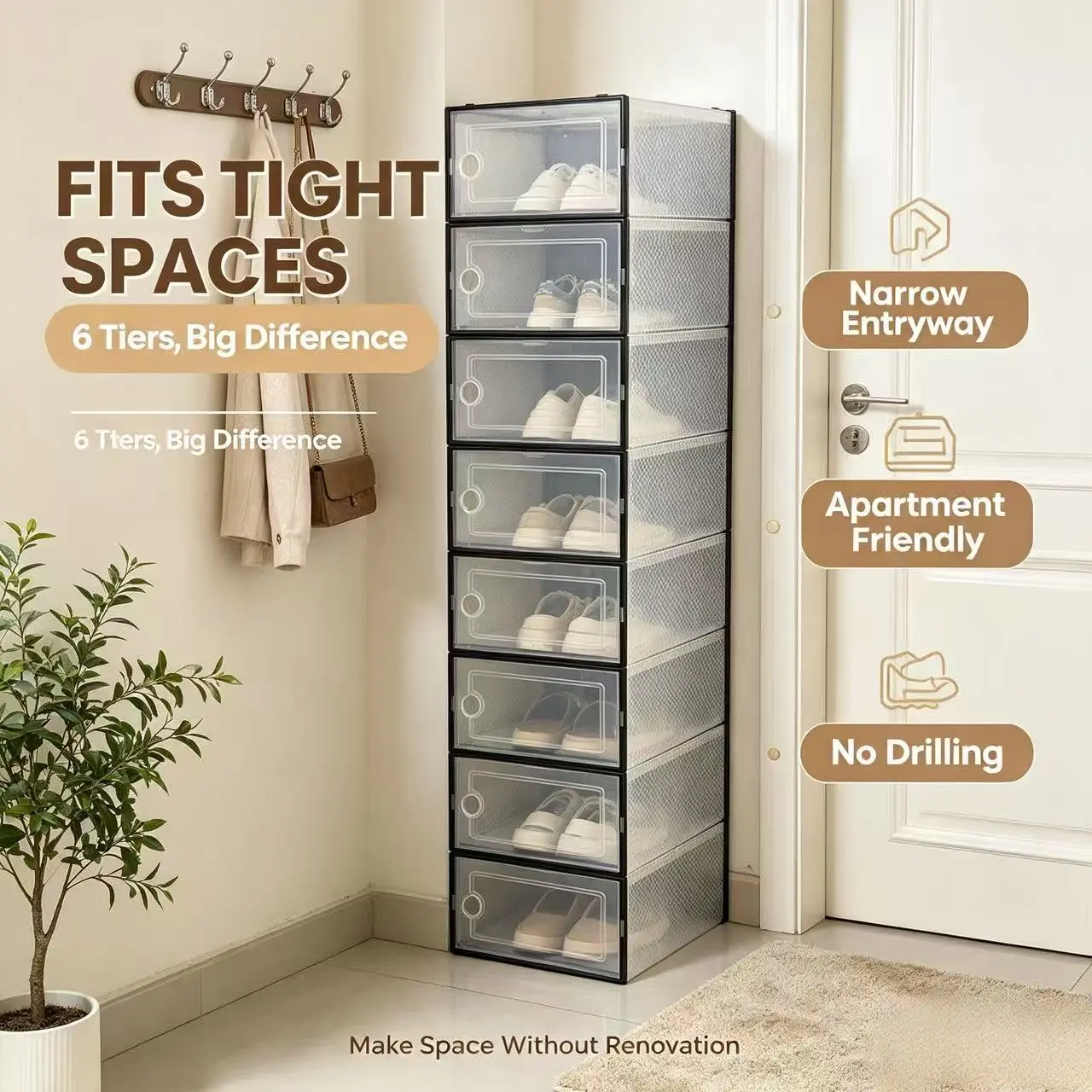 6-Tier 12-Tier 24-Tier Shoe Storage Organizer Fits Tight Spaces Narrow Entryway Apartment Friendly No Drilling Make Space Without Renovation
