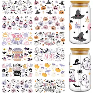 UV DTF Cup Wraps for 16 oz - 12 Sheet Fun Ghost UV DTF Transfer Stickers, Halloween Cup Wraps for Glass, Pumpkin Waterproof Transfer Decals, Witch Ghost Festival DIY Crafts