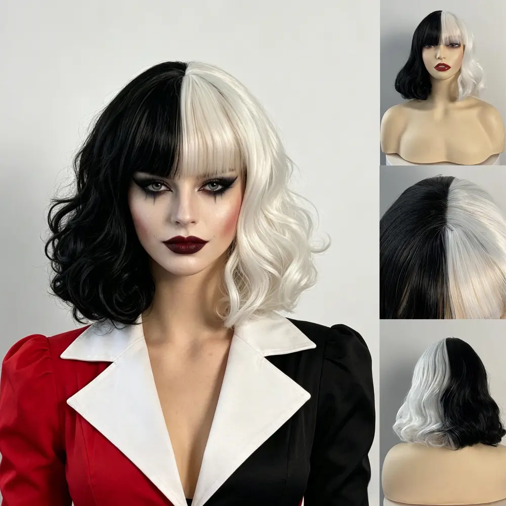 Black White Split Bob Wig for Women, Cruella Deville Cosplay Wig, Short Wavy Half Black Half White Wig with Bangs, Halloween Costume Party Synthetic Wig for Cosplay & Themed Events