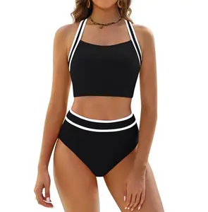 BMJL Women's High-Waisted 2-Piece Sporty Color Block Bikini Set, Nylon Swimwear Top, Sports & Outdoor Bathing Suit