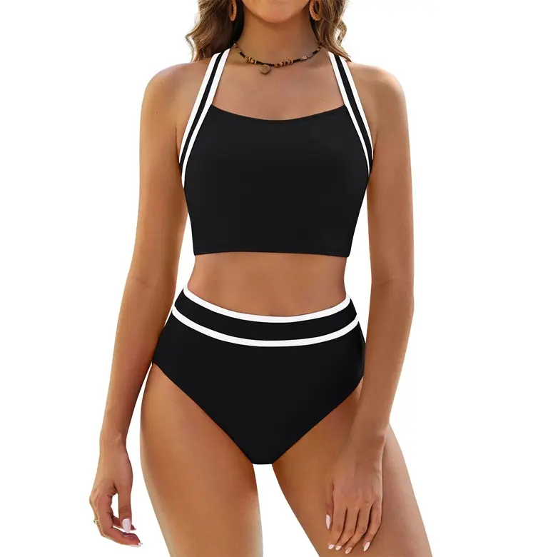 BMJL Women's High-Waisted 2-Piece Sporty Color Block Bikini Set, Nylon Swimwear Top, Sports #SwimWeek #Summervibes