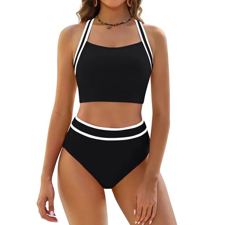 BMJL Women's High-Waisted 2-Piece Nylon Bikini Set - High-Stretch Colorblock Crop Top, Sporty Chic Swimsuit for Women, Bikini Beach Wear for Summer Beach Parties, Pool Party Look
