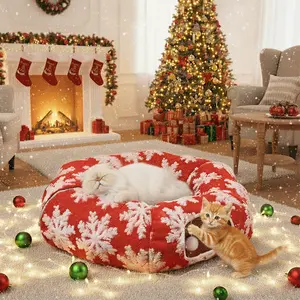SmartWell Cat Tunnel Bed 2 In 1 Large Detachable Christmas Snowflake Plush Pet Tube With Washable Cushion Warm Cave For Indoor Cats Kittens Interactive Hanging Ball Toy Holiday Gift Winter House Decoration cat tunnel christmas tree skirt winter calming
