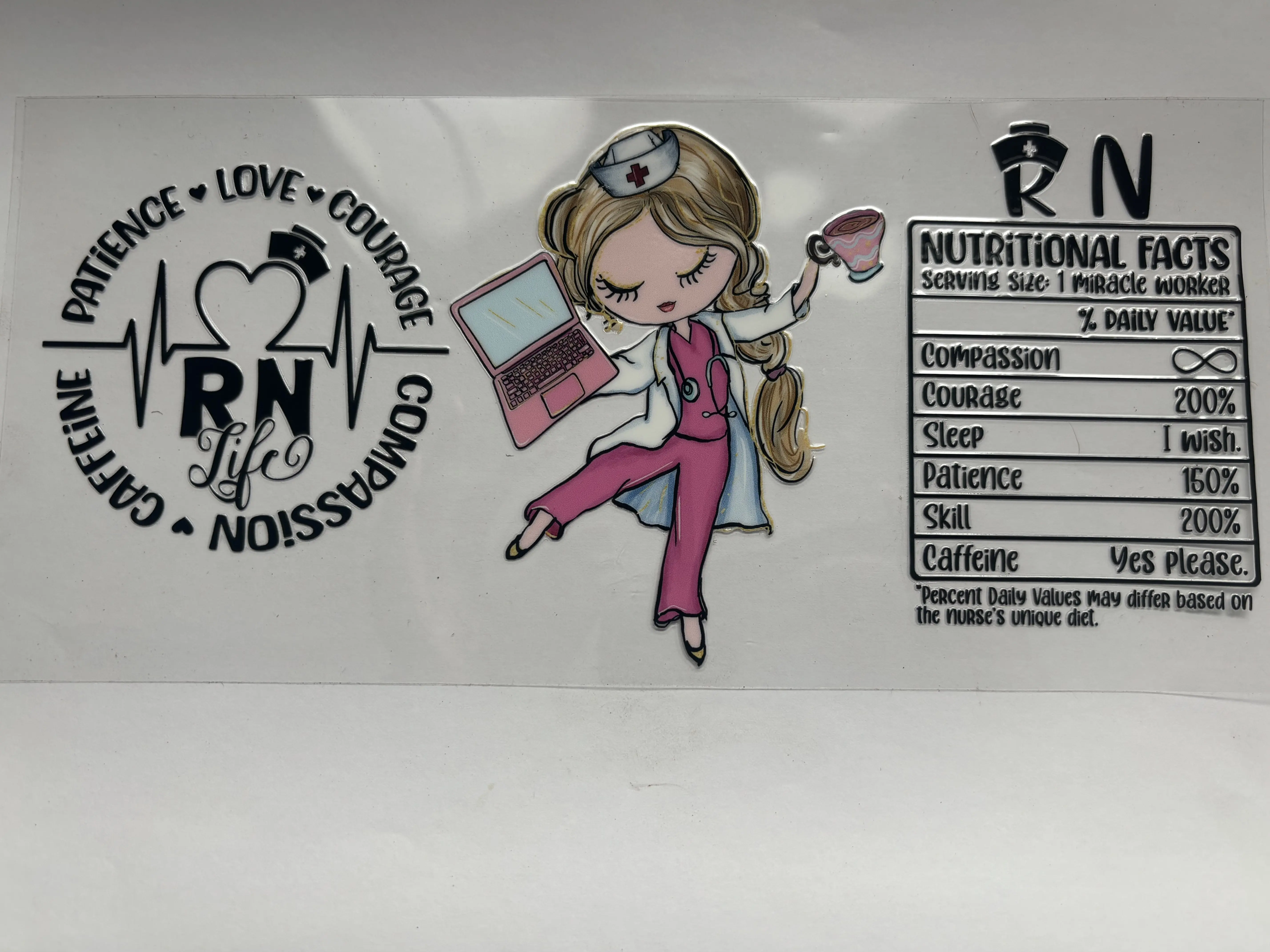 RN 16 oz uvdtf wrap Featuring RN Life Design with Nutritional Facts and Inspirational Words