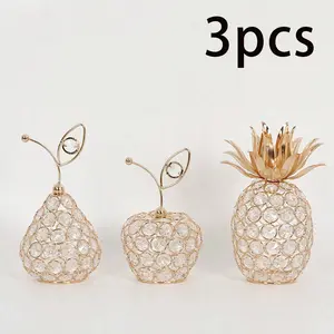 3pcs Gold-Colored Crystal Fruit Decor - Handmade Apple, Pear And Pineapple Statues, Ideal For Tabletop Decoration, Holiday Celebration