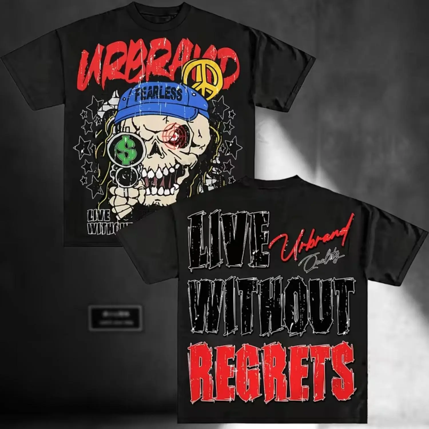 Live Without Regrets Skull Graphic Cotton T-Shirt - Unisex Loose Fit Casual Tee with Peace Symbols & Urban Streetwear Design, 100% Cotton Short Sleeve Shirt for Men & Women, Holiday Travel & Casual Attire, Skull T Shirt, Unisex Clothing dark design shirt