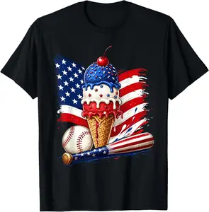 4th of July Baseball Drip Ice Cream Patriotic American Flag T-Shirt Kids graphic tee