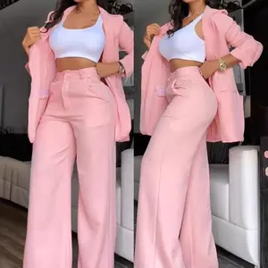 Women's Fashion Elegant Solid Color Split Sleeve Lapel Blazer with Pocket Straight Pants Set Pink Suits
