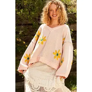 POL V-Neck Floral Pattern Chenille Sweater