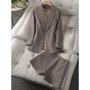 Women’s Houndstooth Blazer & Slimming Cropped Trousers Two-Piece Suit Set – Spring/Fall 2025 New Arrival, Casual Fashion, Fitted Long-Sleeve Blazer, Mixed-Color Plaid