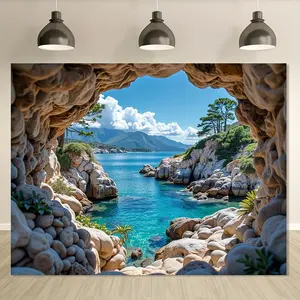 1-Piece Reusable Polyester Festive Party Backdrop Cloth - Rocky Archway Beach Cave Design, Multicolor, Electricity-Free Party Decoration Supplies, Ideal for Photo Booths, Banners, Birthday Celebrations