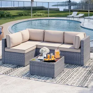 Walsunny 5 Pieces Patio Furniture, Outdoor Sectional Sofa Set, Wicker Couch with Ottoman and Storage Table All-Weather Anti-Slip Cushions, Silver and Khaki