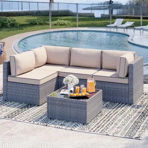 Walsunny 5 Pieces Patio Furniture, Outdoor Sectional Sofa Set, Wicker Couch with Ottoman and Storage Table All-Weather Anti-Slip Cushions, Silver and Khaki
