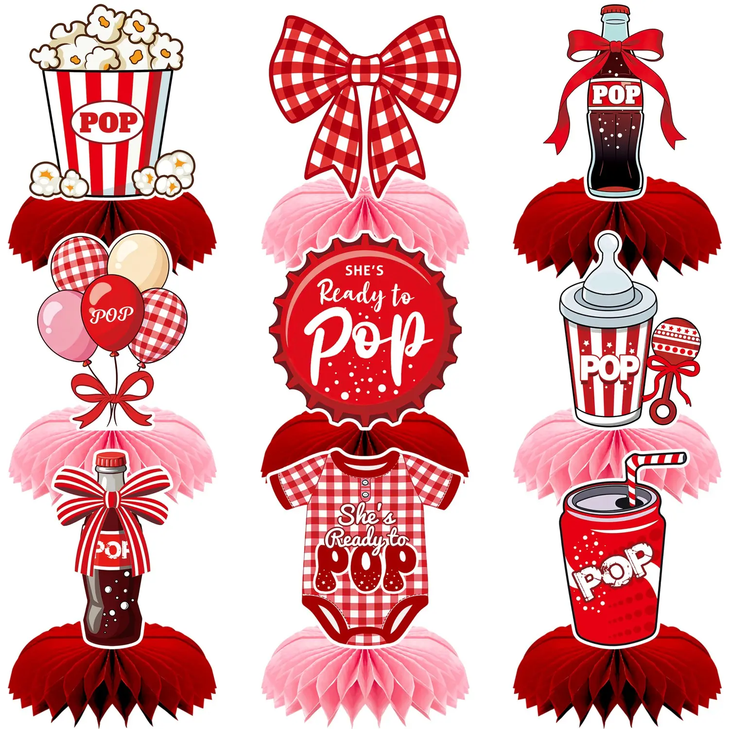 9Pcs Red and Pink Baby ShowerHoneycomb Centerpieces, 3D Paper Gender Reveal Honeycomb Hanging Decorations, Popcorn Theme Party Ornaments for Mom to Be, Baby Shower Table Centerpieces Set, Celebration Party Favors