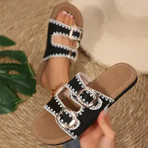 Women's Seaside Casual Flat Sandals, Embroidered Woven Edge Buckle Slides Indoor Outdoor Shoes
