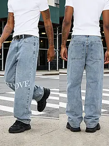 Love Letter Print American Street Style Casual Light Blue Washed Denim Wide Leg Jeans Pants, Vintage Distressed Wash Craftsmanship, Drape Straight Tube Pants, Fashion Streetwear, Menswear, Trouser, Pocket