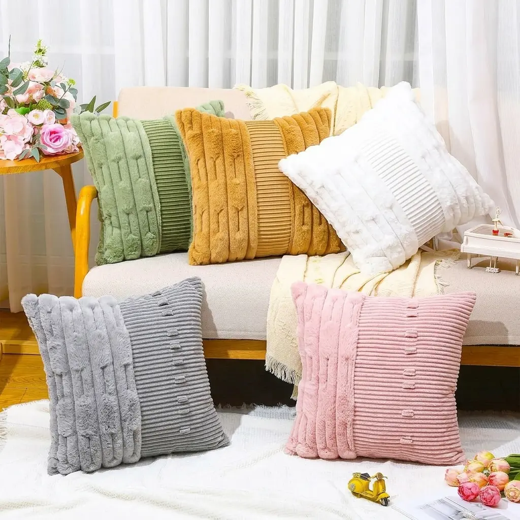 Faux Rabbit Fur Throw Pillow Cover 18x18 Inch, Soft Plush Striped Decorative Cushion Cover for Sofa, Couch & Bedroom, Cozy Home Decor