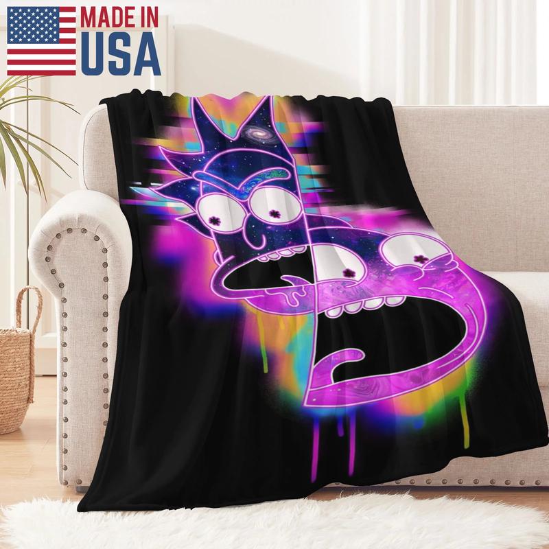 Rick and Morty Glitch Neon Face Throw - Psychedelic Distorted Portrait, Ultra Soft & Trippy
