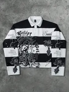 [1PC] Men's Cyber Y2K Striped Polo Shirt Gothic Virgin Mary Graphic Long Sleeve Rugby Jersey Grunge Aesthetic Streetwear Top for Men