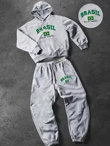 Men's Hooded Sweatshirt and Casual Long Pants Set, Brazil Logo Letter Print, Loose Fit Zipper Design, Comfortable Winter