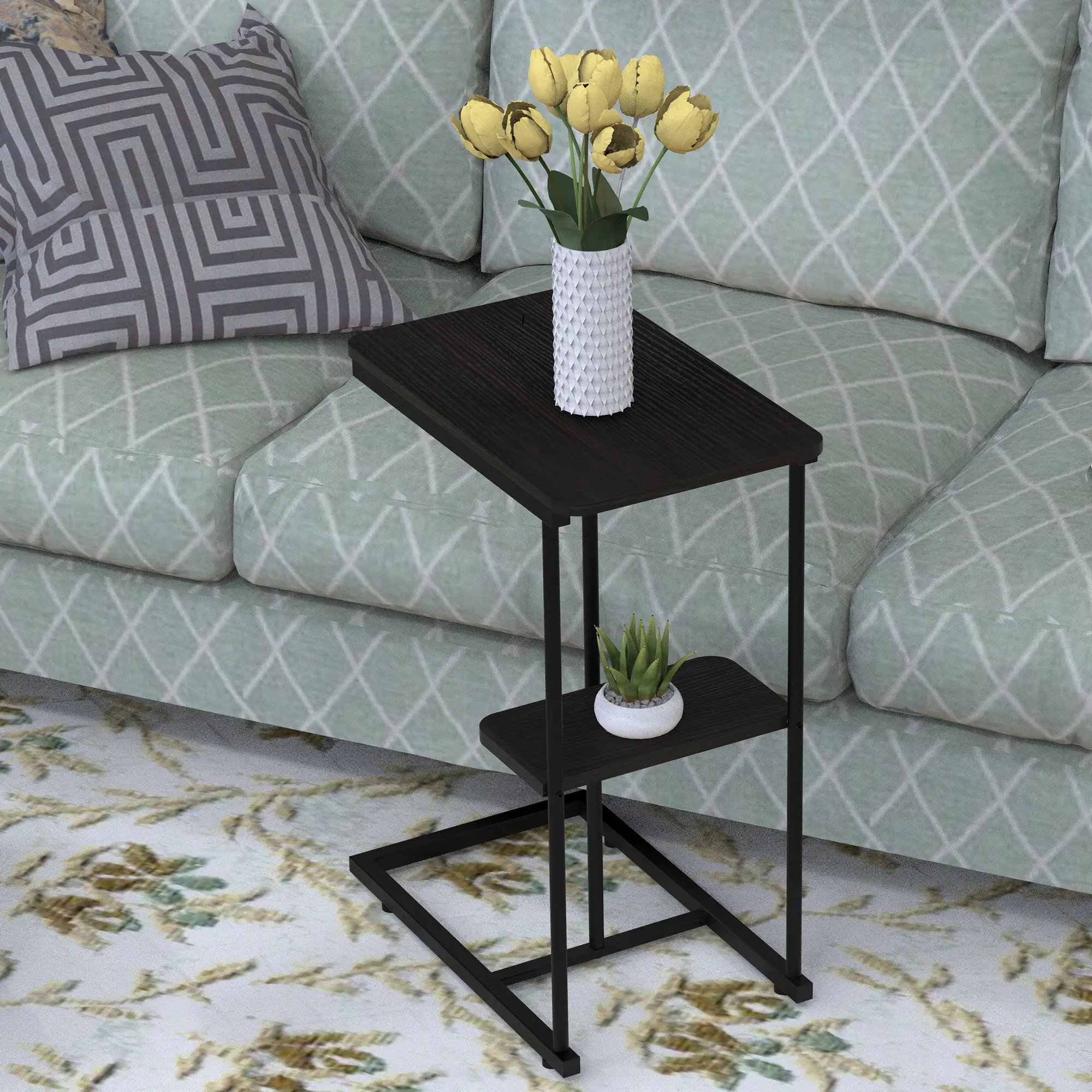 Compact Wood-Look Couch Organizer, Sofa Side Storage Rack with Tray Table & Incl. Basket for Snacks, Coffee, Laptop