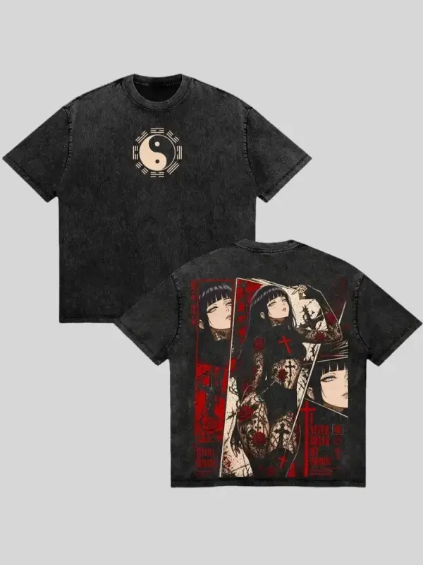Men's Hinata Hyuga Dark Aesthetic Naruto Retro Washed Heavyweight Pure Cotton Street Style Printed T-Shirt - Cartoon Anime Patterns, Anime Art, Anime Style Menswear Top Streetwear Tshirt Tropical Round Neck