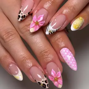 Tropical Leopard Print French Tip 3D Flower Medium Almond Summer Press On Nails – 24 pcs Fake Nails, Kit with Jelly Glue & File, Easy Application, Long-Lasting, Glam Nails for Summer, Vacation & Baddie Looks