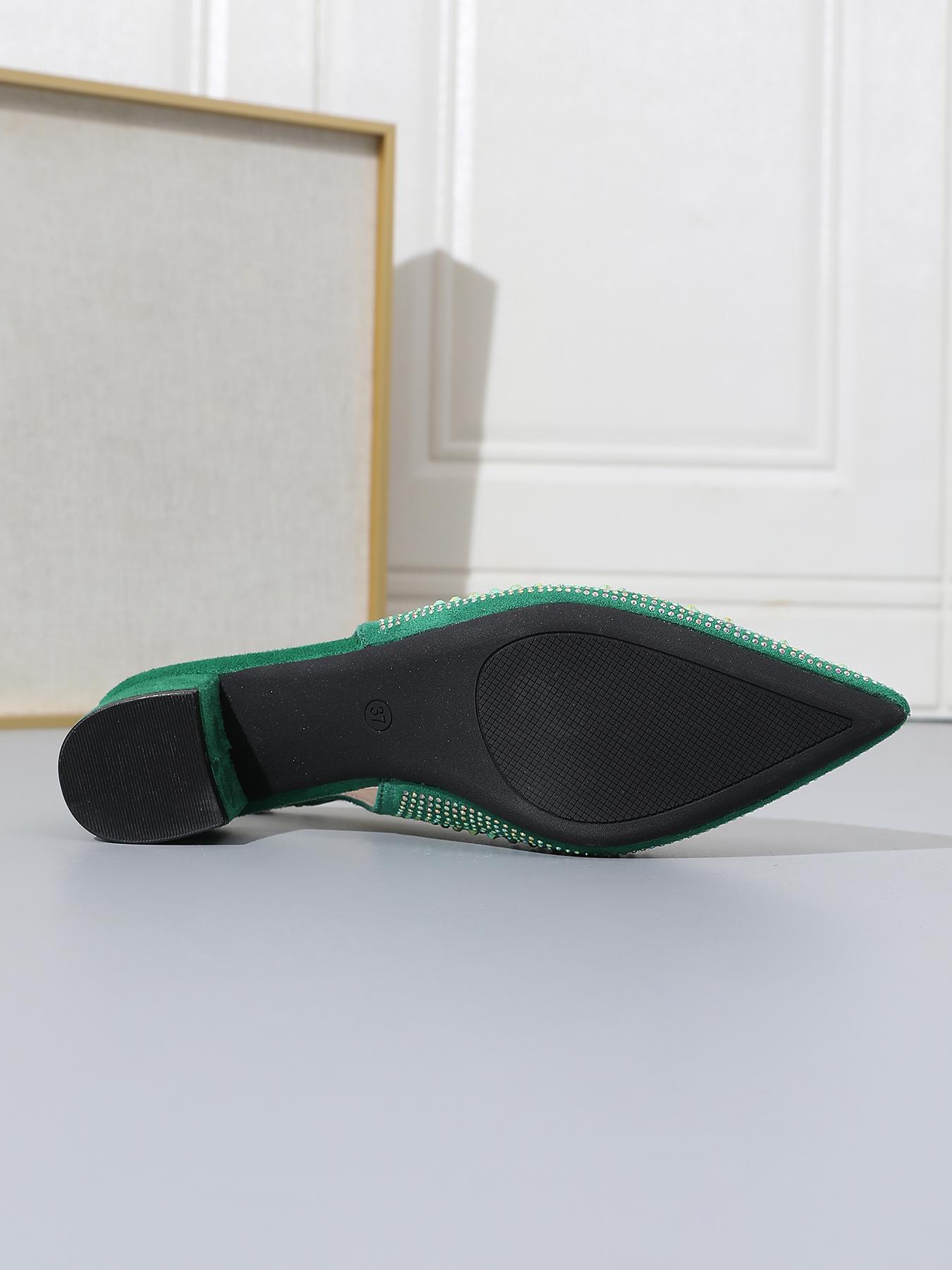 Women's pointed toe chunky heels with stylish green rhinestone embellishments on the back strap comfortable mid heel casual and versatile suitable for all season outfits