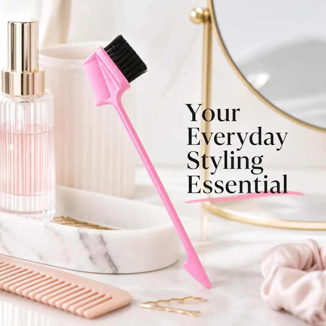 2 In 1 Pink Edge Control Hair Brush Rat Tail Comb, Precision Styling Tool for Baby Hair Smoothing, Flyaway Taming Hairline Parting Tool for Daily Hairstyle Finishing
