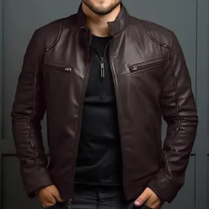 Men’s biker leather jacket with stand collar, punk style, casual long-sleeve vintage design—classic menswear aesthetic, ideal as a Father’s Day gift