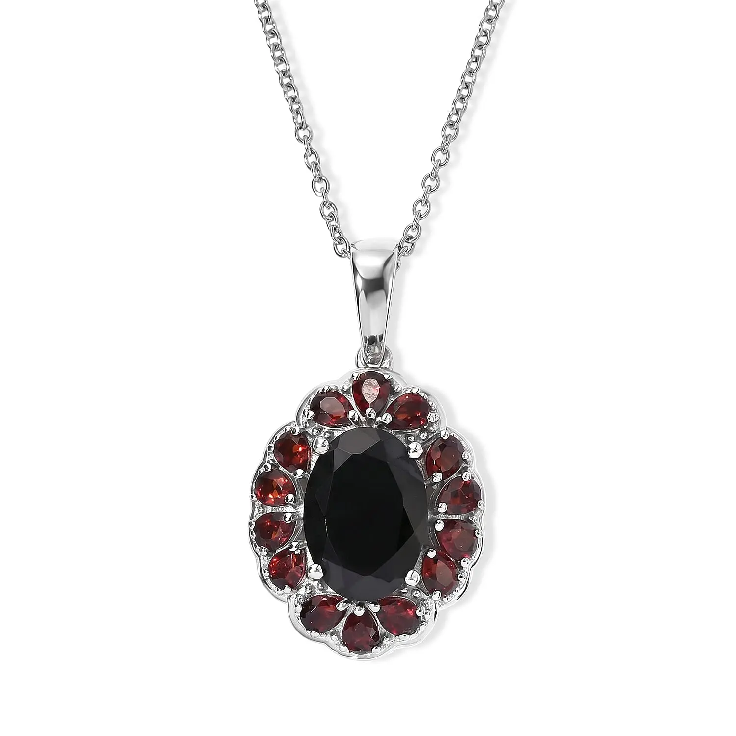 EverTrue Thai Black Spinel and Mozambique Garnet 10.30 ctw Pendant in Platinum Bond with Stainless Steel Necklace 20 Inches