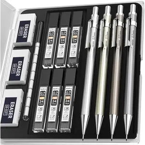 4 Pack Mechanical Pencil 0.7mm with Case, MB1000 Metal Mechanical Pencil Set with 6 Tube HB#2 Lead Refill 0.7 mm, 3PCS 4B Eraser, 9 Cap Eraser for Artist Drafting Writing, Sketching, Drawing