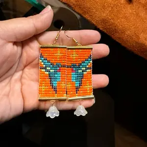 Hummingbird Native Made Beaded Earrings with Vibrant Orange and Blue Beadwork and Delicate Bell Charms