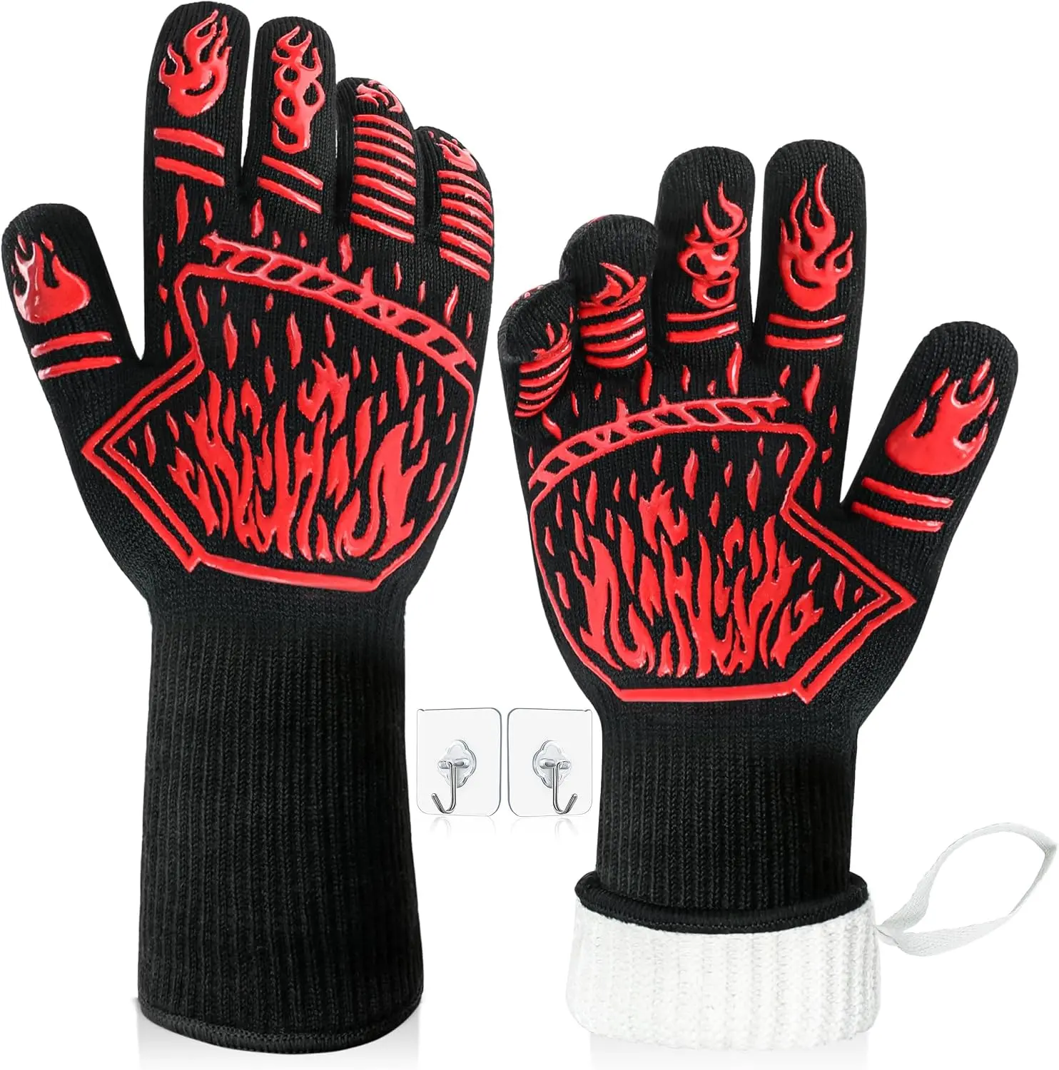 BBQ Gloves 1472F Heat Resistant Anti Slip Long with 2 Hooks | One Size, Hand & Wrist Protection for Kitchen, Fireplace, Griddle, Smoker