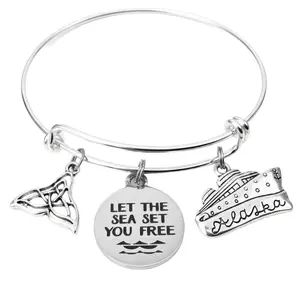 Alaska Cruise Bracelet | Let the Sea Set You Free | Whale Tail & Cruise Ship Silver Bangle Gift