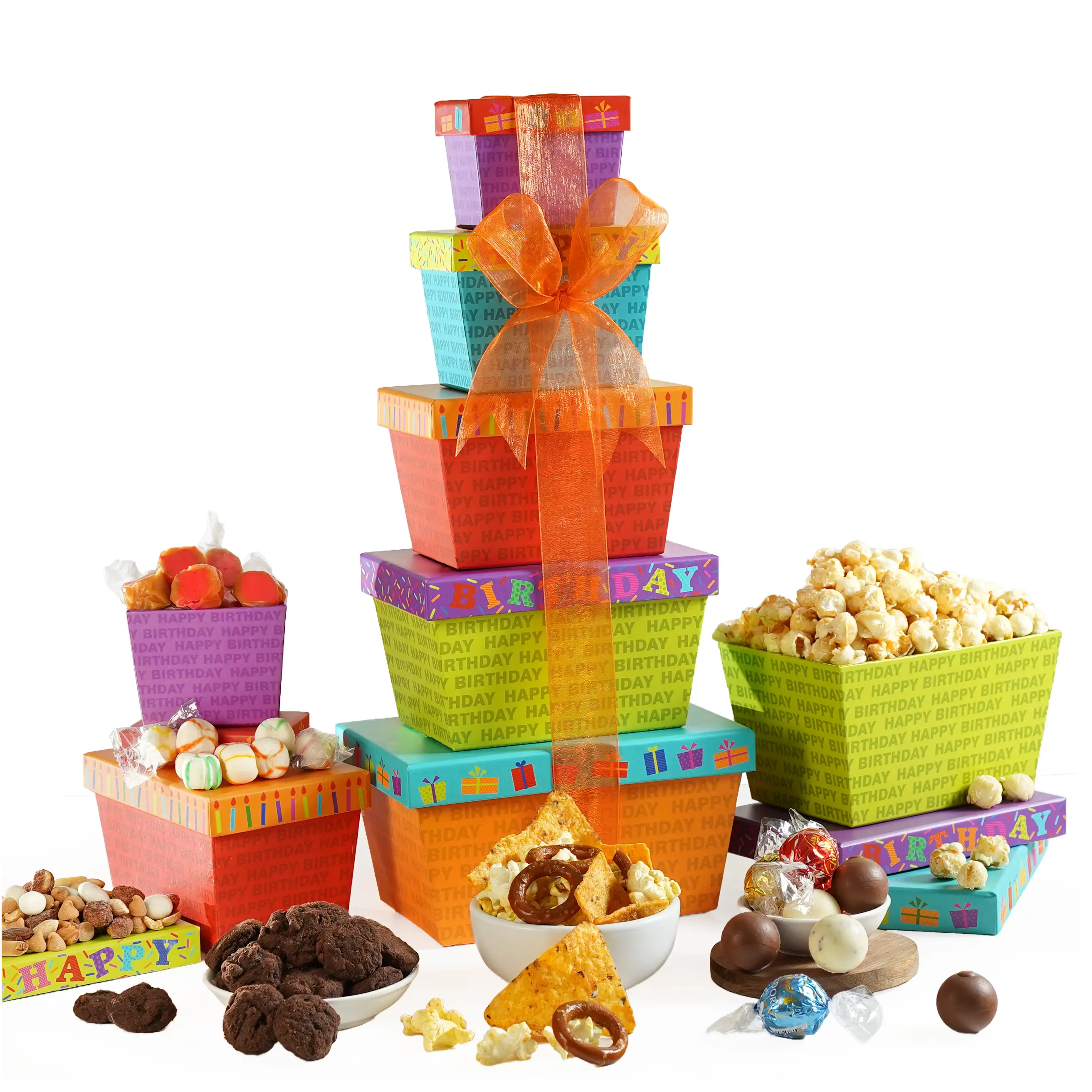 Broadway Basketeers Birthday Chocolate & Snacks Gift tower Dessert Sweet Cookies Bonbon