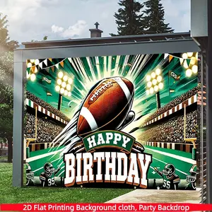 2D Flat 1PC Polyester Football Happy Birthday Backdrop Banner, Stadium Field Light Player Photography Background, Ideal For Boys Sports Birthday Party, Rugby Theme Celebration, Game Day Dessert Table Decor, Birthday Photoshoot, Football Fan Event,