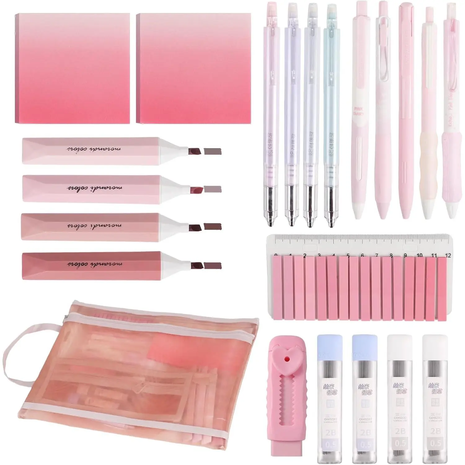 23 count Aesthetic Stationery Set Includes 0.5mm Automatic Pencil, Gel Pens, Highlighters, Eraser, Sticky Notes, Pouch & Folder | For Office,  & Study Organization ()