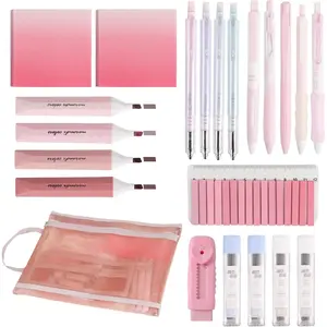 23 count Aesthetic Stationery Set Includes 0.5mm Automatic Pencil, Gel Pens, Highlighters, Eraser, Sticky Notes, Pouch & Folder | For Office,  & Study Organization ()