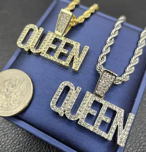 QUEEN Letters Cubic Zirconia Iced Charm Pendant & 4mm 18" 20" 24" Rope Chain Necklace Fashion Jewelry Gift For Men, Women, Unisex