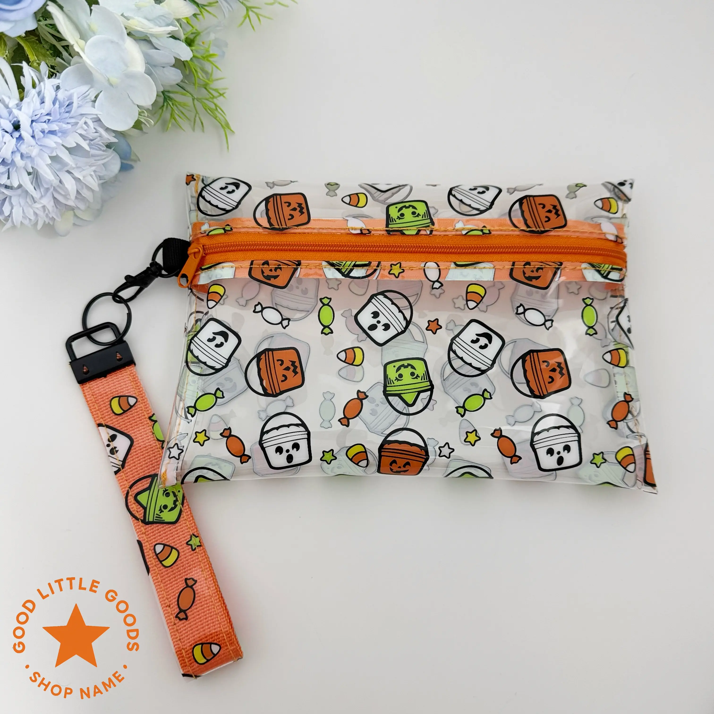 Halloween Clear Clutch Bag, 8x6 Transparent Zipper Pouch with Orange Wrist Strap, Cute Pumpkin Print Cosmetic Travel Bag, Waterproof Small Purse