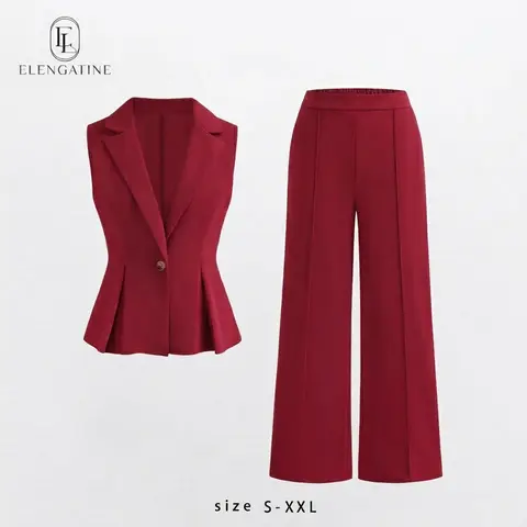 Elengatine Women's Elegant 2-Piece Office Work Set - Sleeveless Blazer Vest, High-Waisted Tailored Polyester Pants, Boss Babe Power Outfit (Women 2 Piece Sets Category)