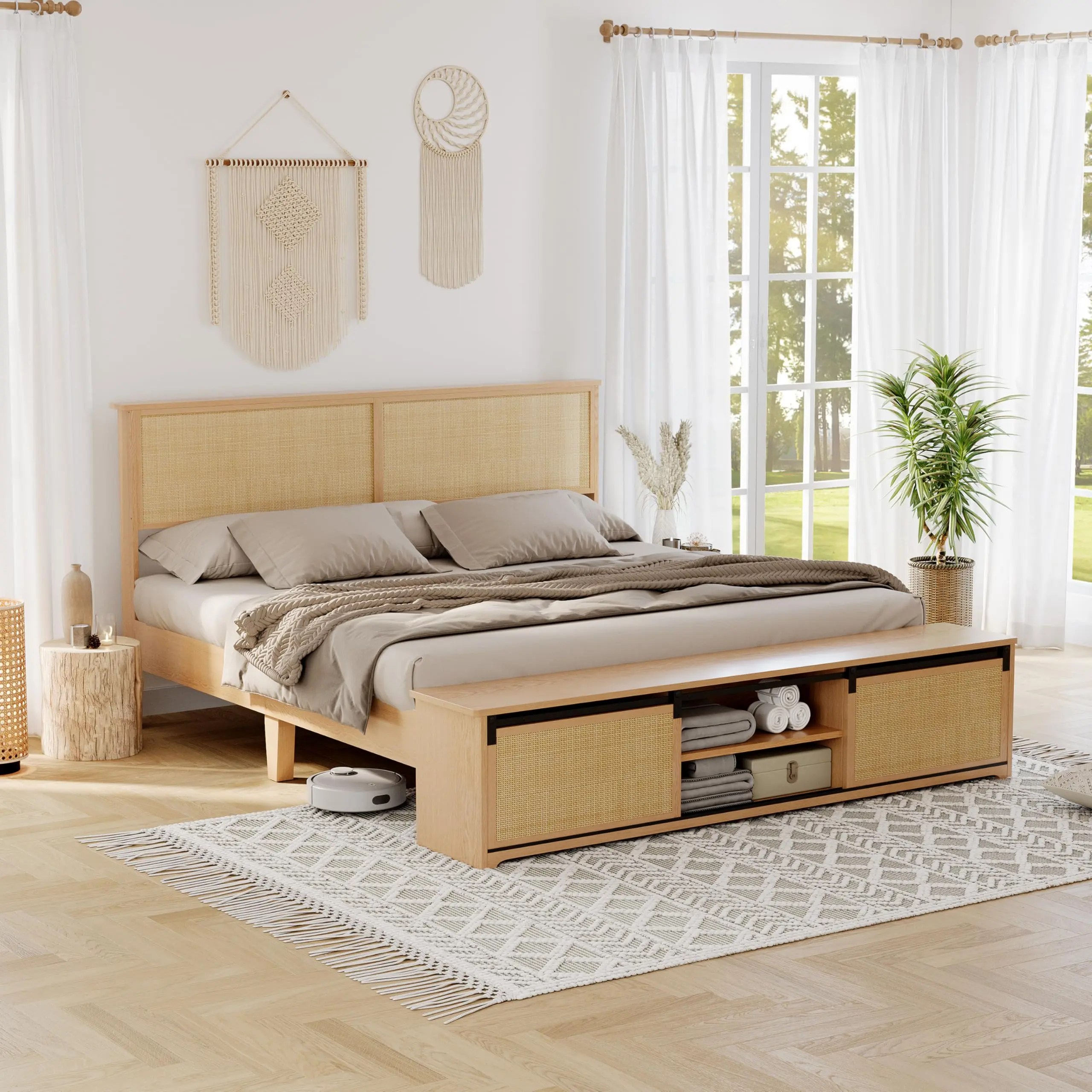 King Size Rattan & Wood Platform Bed Frame with LED Lights, Sliding Barn Door Storage Bench, Boho Farmhouse Bedstead, 1000 lbs Weight Capacity, Metal Accents, No Box Spring Needed, Assembly Required, Natural Wood Finish