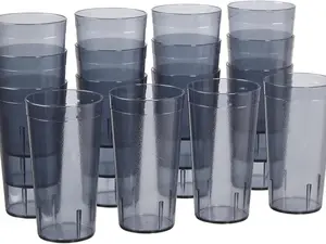 Cafe Plastic Reusable Tumblers (Set of 16) 20-ounce Water Cups in Grey | Value Set of Restaurant Style Drinking Glasses, Stackable, BPA-free, Made in the USA | Top-rack Dishwasher Safe