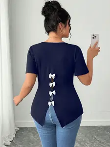 Women's Summer Street Style Short Sleeve Block Bow Back Cutout T-Shirt, Slim Fit Irregular Top for Casual