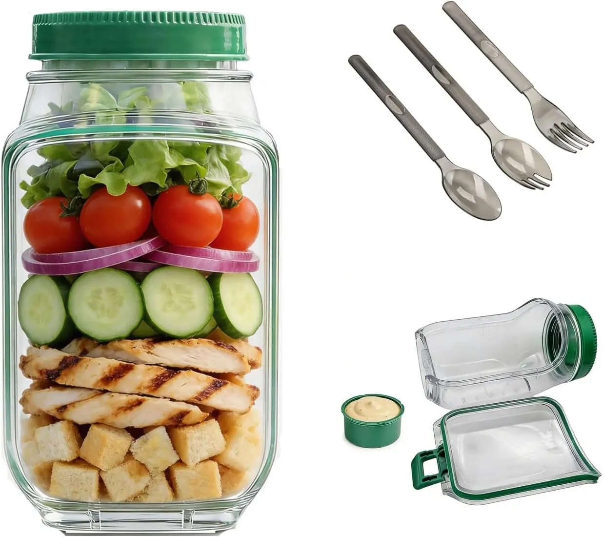 Portable Side Open Salad Jar with Leakproof Dressing Container - Removable Lid Converts to Bowl, Food Grade Reusable, Freezer Dishwasher Safe for Meal Prep Work Travel
