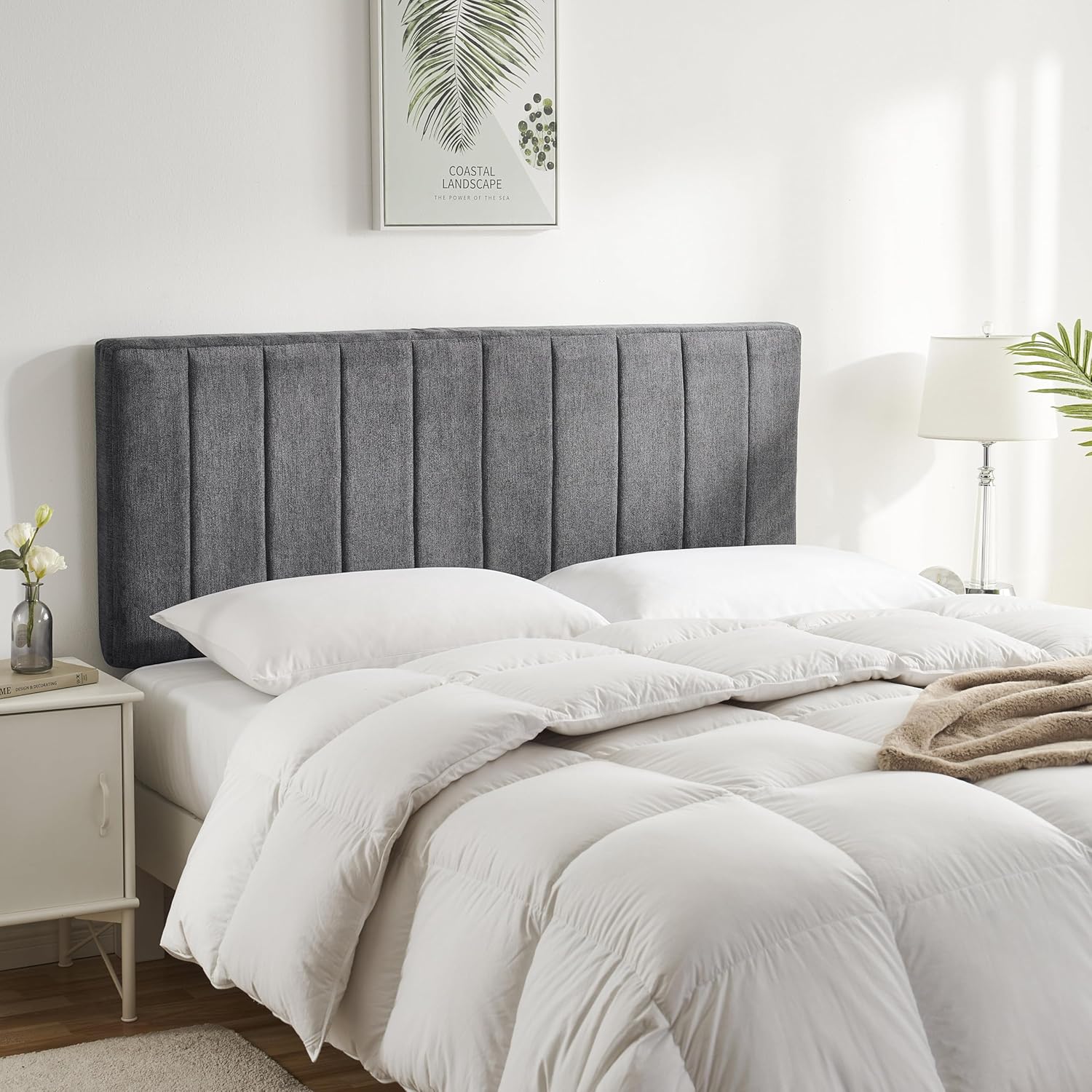 NESTL Wall Mounted Upholstered Headboard - Furniture, King Size, Easy Install, Fabric Exterior, Channel Stitched, Soundproof 3D Panels, Peel & Stick, Modern Room Decor